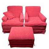 Custom Pink Armchair and Ottoman Set, 3 Pieces