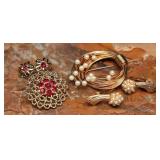 1960s Modernist Pearl and Ruby-Tone Jewelry Set