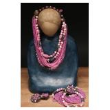 Multi-Strand Pink Glass Bead Necklace and Earring