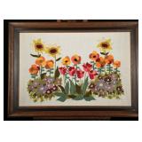 Handmade Crewel Floral Textile Art, Framed