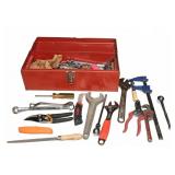 Red Metal Tool Box With Assorted Hand Tools