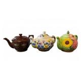 Three Decorative Floral & Art Pottery Teapots