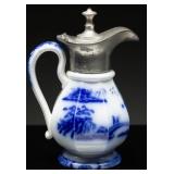 1880 Flow Blue Willow Pewter-Top Syrup Pitcher