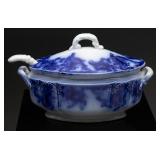 W.E. Corn Ayr Pattern Flow Blue Tureen with Ladle