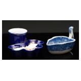 Cobalt & Gilt Porcelain Inkwell / Spongeware Scoop