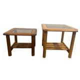 Oak & Smoked Glass Nesting-Style Side Tables Pair