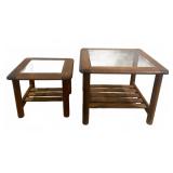 Vintage Oak End Tables With Glass Tops, Pair