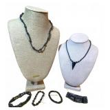 Two Hematite Bead Necklaces With Four Bracelet Set