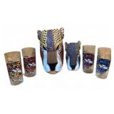 Jaguar Carved Wood Masks and 4 Ed Hardy Tumblers
