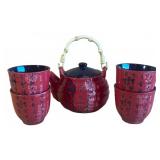 Red Ceramic Teapot & Cups With Pimpernel Coasters