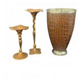 Faux Alligator Skin Vase & Copper Candlesticks (2)