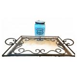 Ceramic Canister & Wrought Iron Tray w/ Glass Top