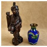 1930s Cloisonnï¿½ Vase & Carved Fisherman Statue
