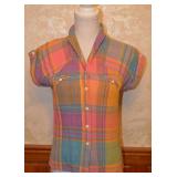 70s80s Pastel Madras Plaid Cotton Gauze Blouse-S