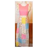 60s Patchwork Cotton Maxi Dress w/ Ruffled Sleeves