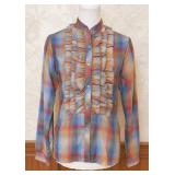 80s Cheryl Tiegs Plaid Ruffle Front Blouse - S/M