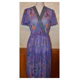 70s80s Purple Sheer Floral Print Faux Wrap Dress