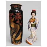 Kutani Peacock Vase and Geisha Bisque Figurine, 2
