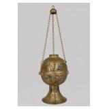 Brass Hanging Censer with Blue Glass Insets
