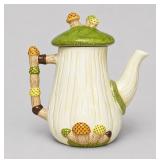 Ceramic Teapot With Mushroom Motif And Green Lid