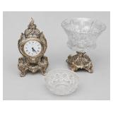 Quartz Mantel Clock and Cut Glass Bowls Trio