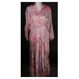 80s "Thums Up" Pink Gloss Rayon Blouse and Skirt