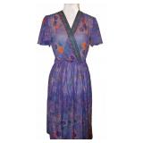 80s Purple Sheer Chiffon Floral Boho Wrap Dress