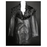 Vtg 90s Adler Collection Black Leather w/Fur Coat