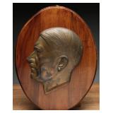 German Bronze Hitler Profile Plaque on Wood Mount