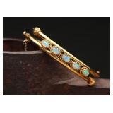 14K Gold Hinged Bangle w/5 Opal Cabochons, 14.07g
