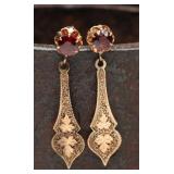 14K Gold Engraved Drop Earrings, Red Stones, 5.87g