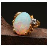 14K Gold Foliate Ring Diamond & Opal Stones, 6.46g