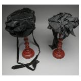2 Victorian Black Ribbon & Velvet Mourning Bonnets