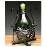 Green Glass Decanter With Metal Grape Motif Caddy