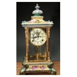 Porcelain Mantel Clock w/ Gilt Metal, Glass Panels