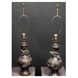 Pair Meiji Bronze Dragon Table Lamps, Sofu Marked