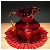 Cadmium Ruby Glass Pitcher & Anchor Hocking Plate