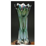 Fenton Green Carnival Glass Long Thumbprint Vase