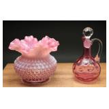 Fenton Pink Hobnail Vase Cranberry Coin Dot Cruet