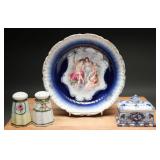 Flow Blue Bavarian Bowl, Trinket Box & Shakers (4)