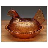 Vintage Indiana Glass Amber Covered Hen on Nest