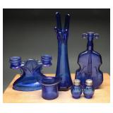 Cobalt Blue Glass Swung Vase, Candlestick, Shakers