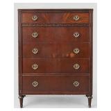 Mahogany Veneer 5-Drawer Tall Chest Brass