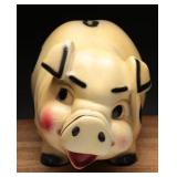 Large Vintage Chalkware Black Spotted Piggy Bank