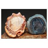 Carved Cameo Conch Shell & Agate Geode, (2)