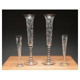 Four Etched Glass Trumpet Vases with Floral Design