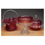 Cranberry Glass Compote, Basket, Lidded Dish, (3)