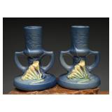 Roseville Pottery Water Lily Blue Candlesticks, 2