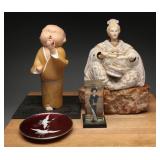 Asian Figurines, Lucite Block & Crane Dish (4)