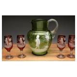 Mary Gregory Style Glass Pitcher & Cordial Glasses